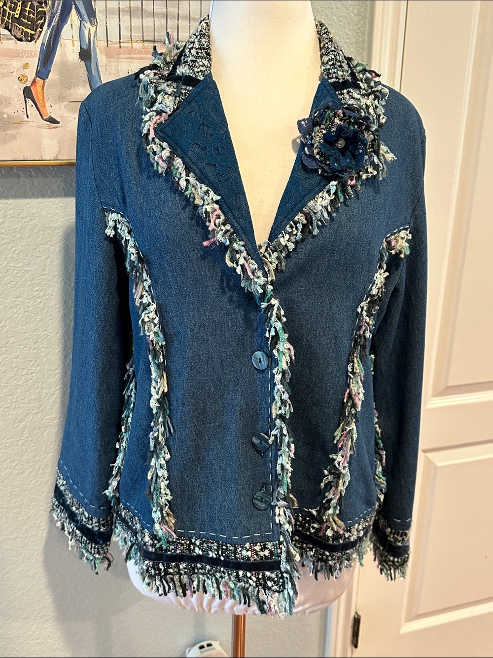 Yak Magik Sz Large VTG Embellished Blue Denim Chambray Fringe Blazer